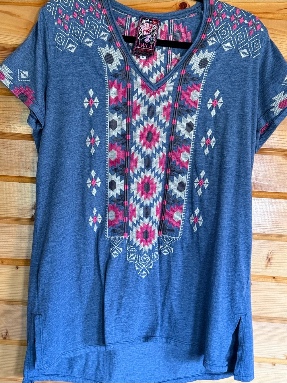 Johnny Was Blue V-Neck Tunic with Pink & White Aztec Motif